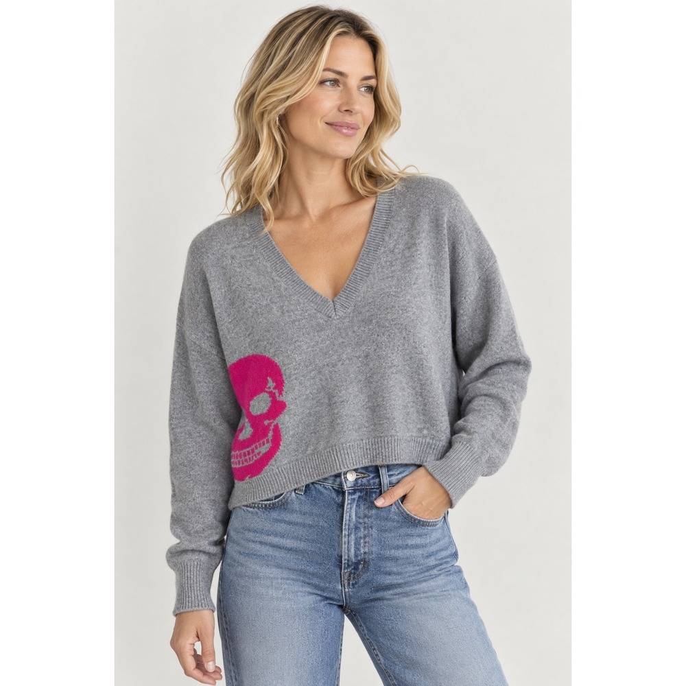 Skull Cashmere Sweater Gray Size Small Cropped Fit